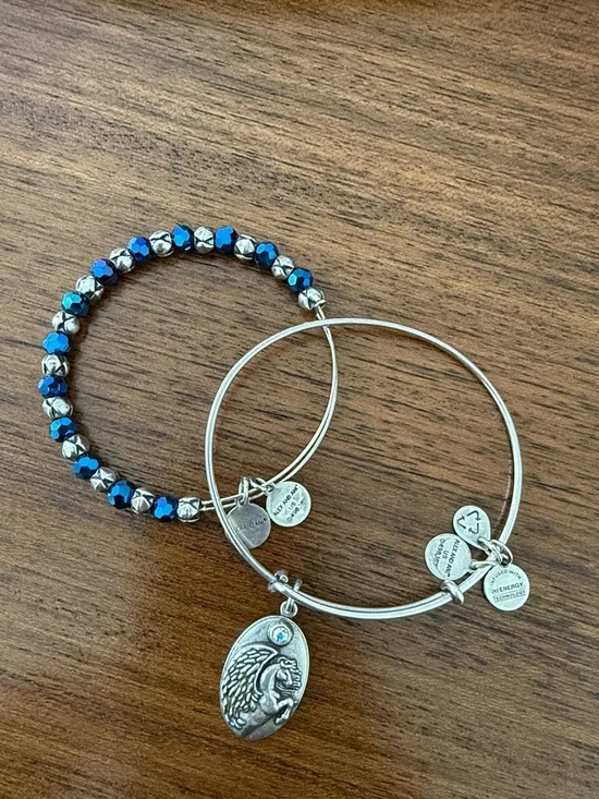 Alex and Ani Silver Charm Bangle with Blue and Silver Beaded Bracelet - Picture 1 of 3